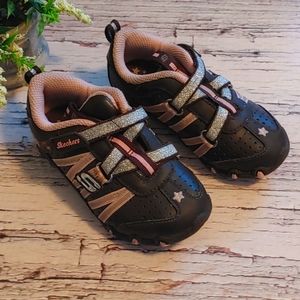 Skechers EUC Brown and pink baby girl velcro sneakers shoes size 7
